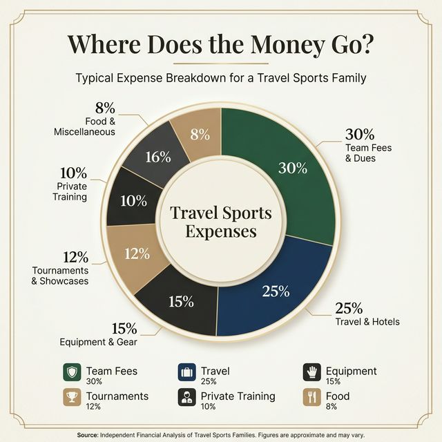 Infographic showing typical travel sports family expense breakdown: Team Fees and Dues 30%, Travel and Hotels 25%, Equipment and Gear 15%, Tournaments and Showcases 12%, Private Training 10%, Food and Miscellaneous 8%. Data based on survey of travel sports families spending $5,000 to $50,000 per child annually.